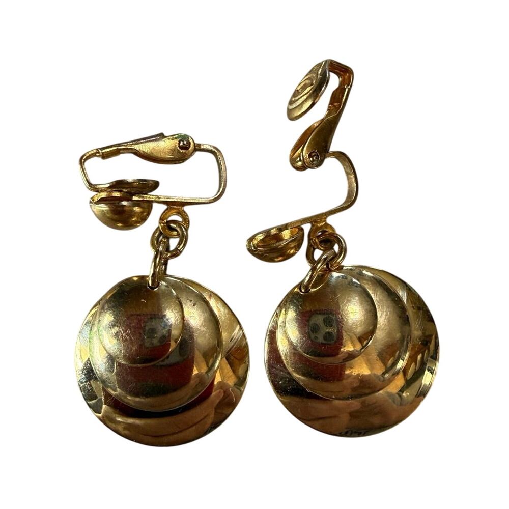Vintage Earrings Dangle Clip-on gold tone shiny 3 circle rounds